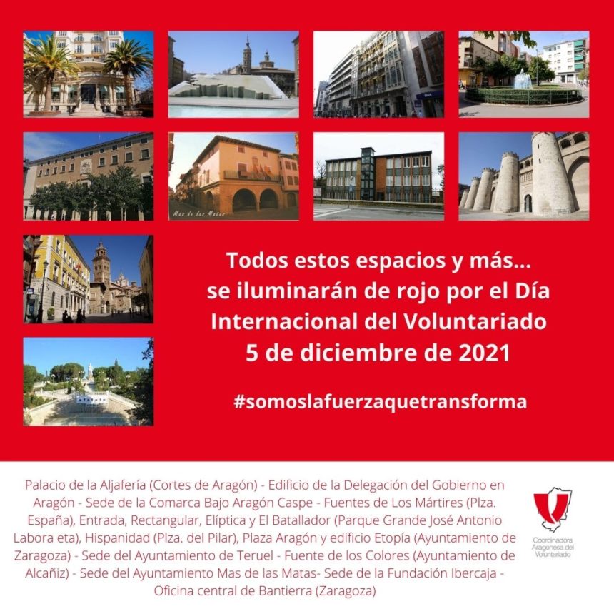 Edificios de referencia y espacio públicos se teñirán de rojo en Aragón para agradecer la acción voluntaria