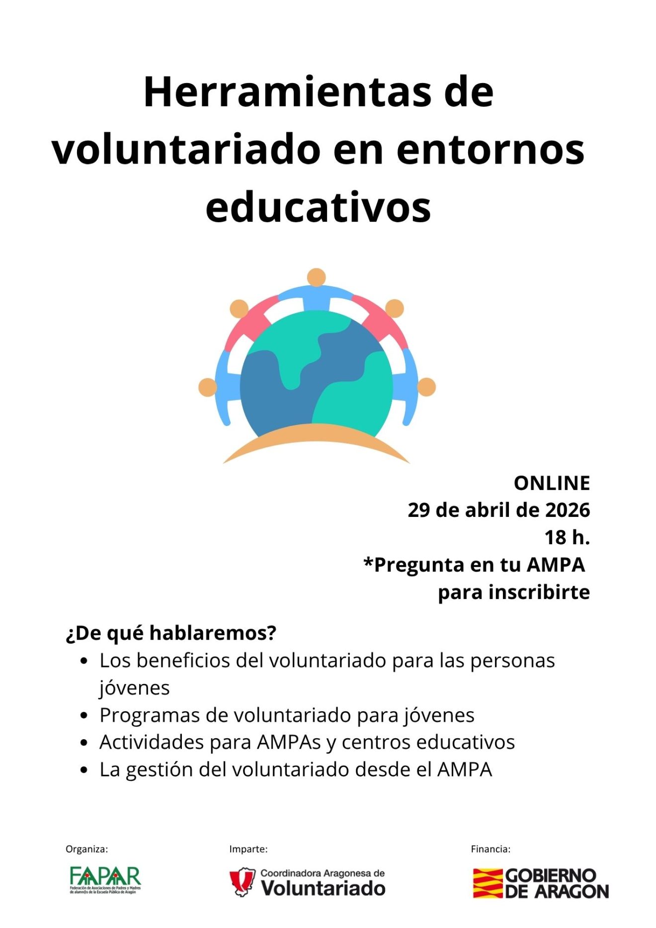 Terminamos abril con una charla sobre voluntariado con madres, padres y representantes de AMPAS de FAPAR