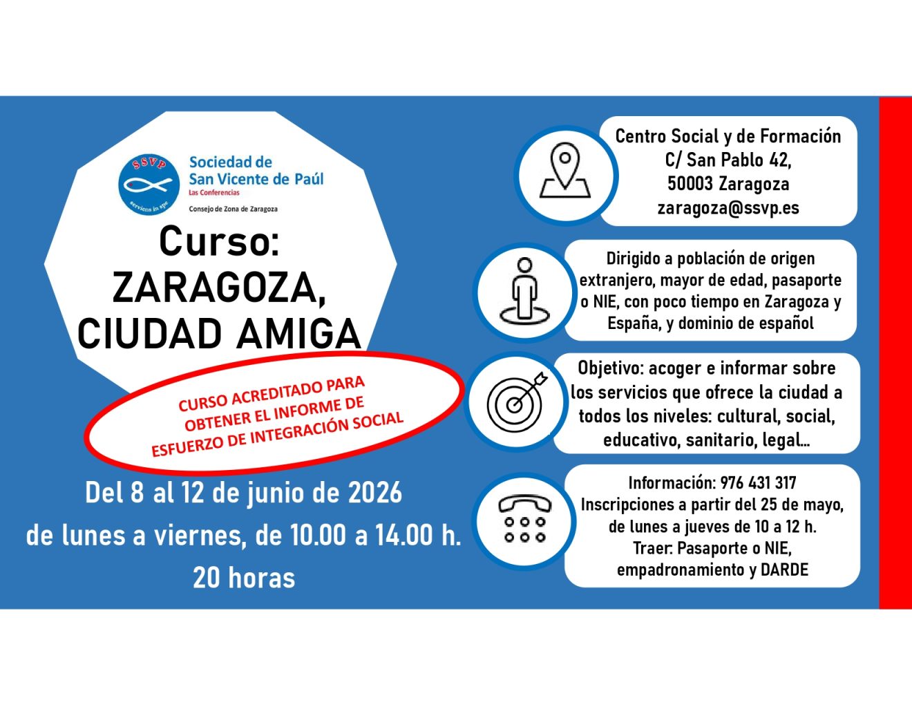 La Sociedad de San Vicente de Paúl organiza el curso “Zaragoza, Ciudad Amiga” para personas recién llegadas a la ciudad